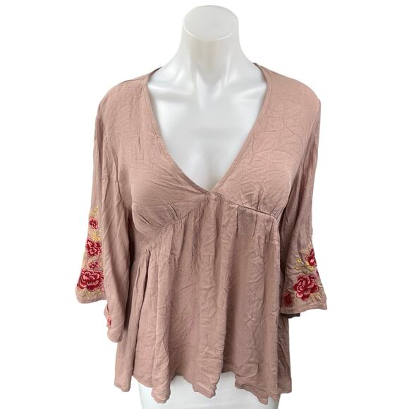 By Together Pink Floral Embroidered Deep V Neck Boho Peplum Blouse Top Size M - Picture 1 of 5